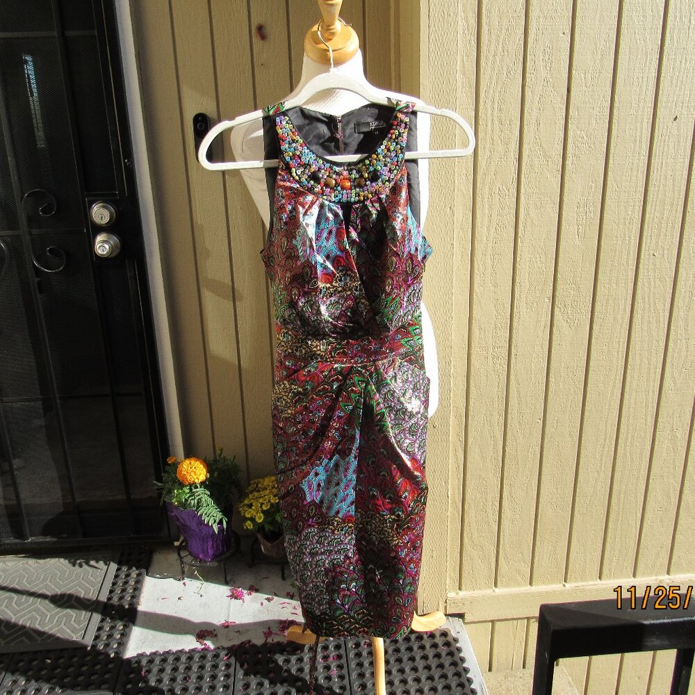#493  NEW WOMAN'S COLORFUL & BEADED SATIN DRESS BY STAR  (SIZE 6)